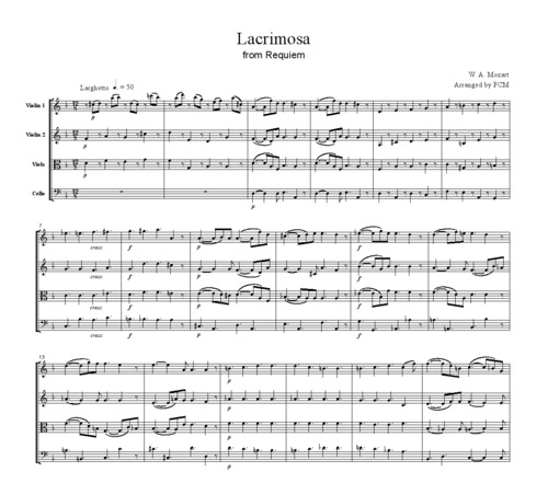 Product picture Mozart Lacrimosa from Requiem, for string quartet, CM015