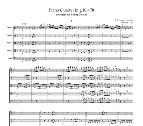 Product picture Mozart Piano Quartet in g K.478 (arranged for String Quintet around 1800), all mvts.,CM093
